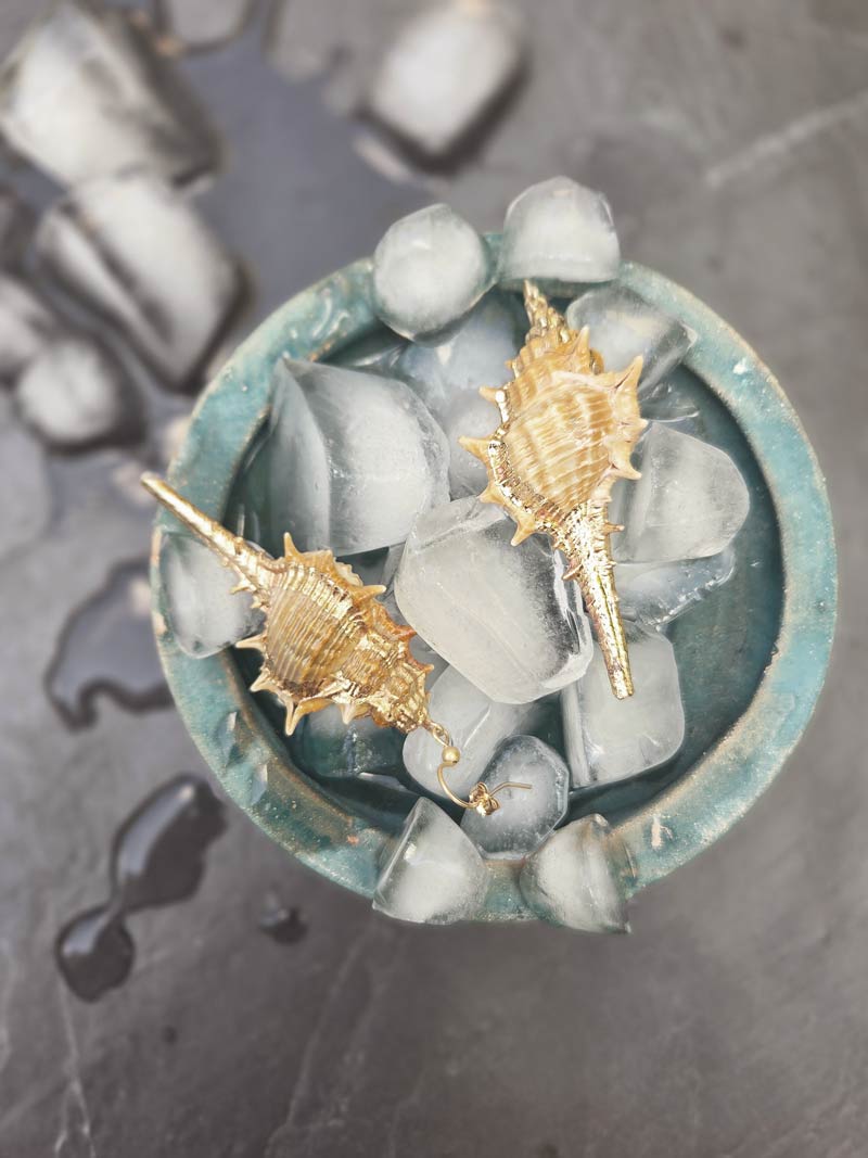 Petit plateau de fruits de mer présentant une magnifique paire de boucles d'oreilles en coquillages véritables, doré à l'or fin et assemblées à la main à paris. Des bijoux made in France en or gold field et coquillage. Joli bijoux femme fabriqué en France, cadeau pour femme idéal.