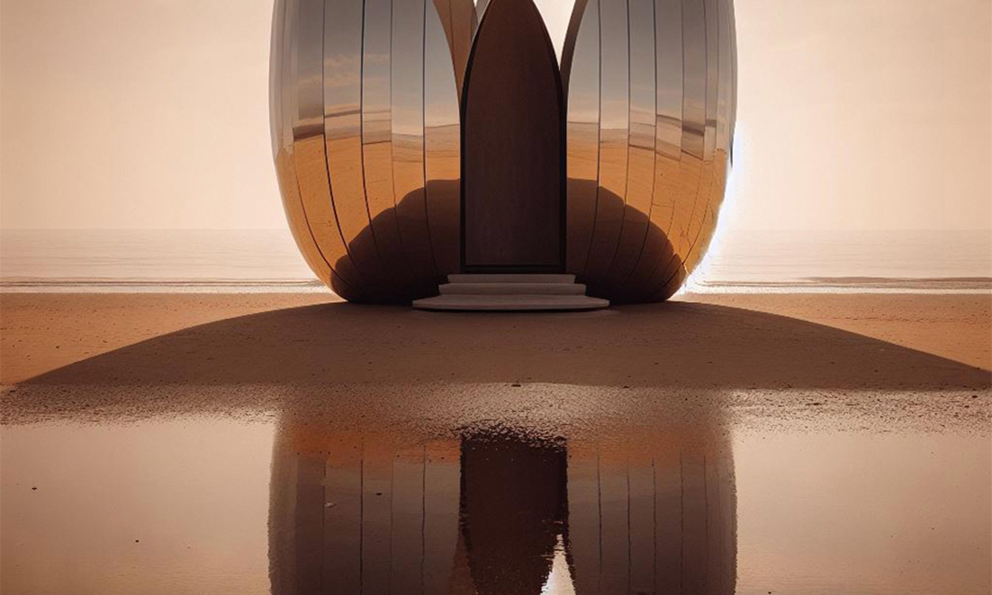 Une sublime petite maison en forme de Tulipe, recouverte de miroirs, emblème de la marque Virginie Voncken, se reflète dans l'eau de mer d'une plage normande.