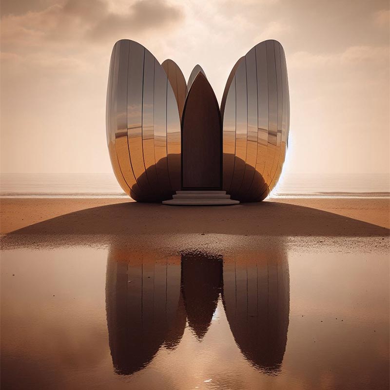 Une sublime petite maison en forme de Tulipe, recouverte de miroirs, emblème de la marque Virginie Voncken